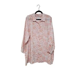 Sigrid Olsen 100% Linen Button Down 2X Orange Floral Roll Tab Tunic Shirt Beachy